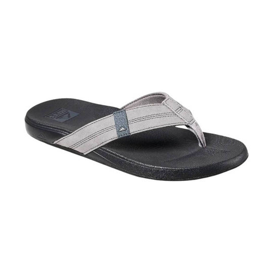 Grey thong flip-flop with a black textured footbed and dark sole