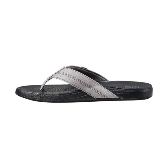 Grey and black thong sandal with a wide strap and textured footbed