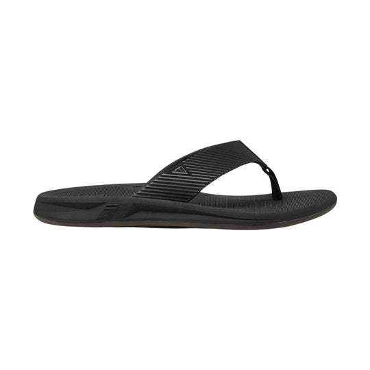 Black thong sandal with a textured footbed and striped strap, shown in side view on a white background