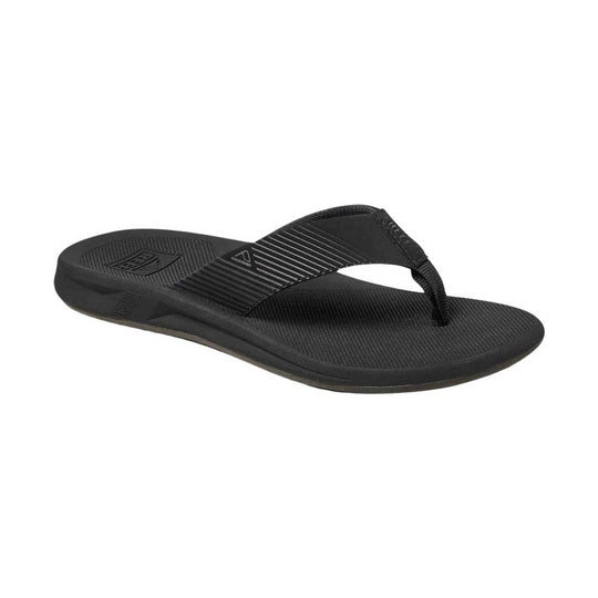 Black thong sandal with textured footbed, thick sole, and striped strap detail