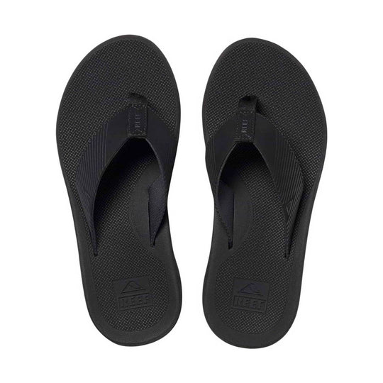 Black thong sandals with textured footbeds and embossed logo patches