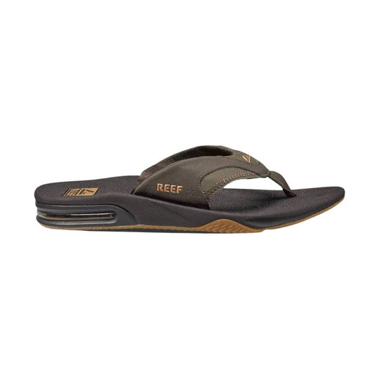 Brown thong sandal with cushioned footbed, visible heel air unit, and REEF logo