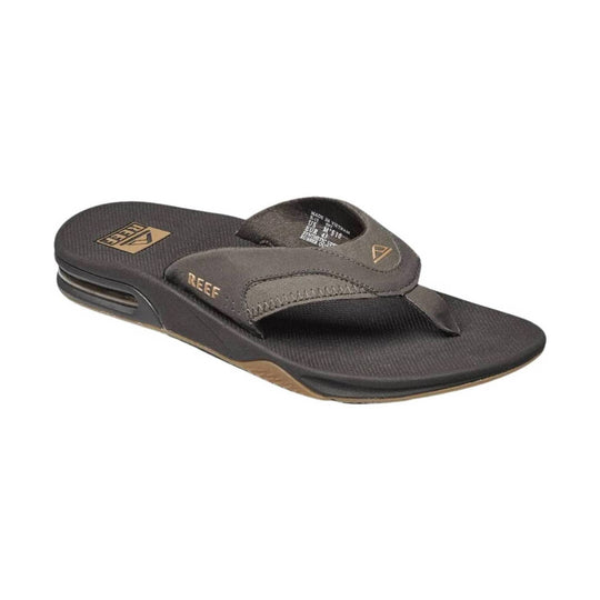 Brown and black thong sandal with cushioned footbed and visible side air cushion