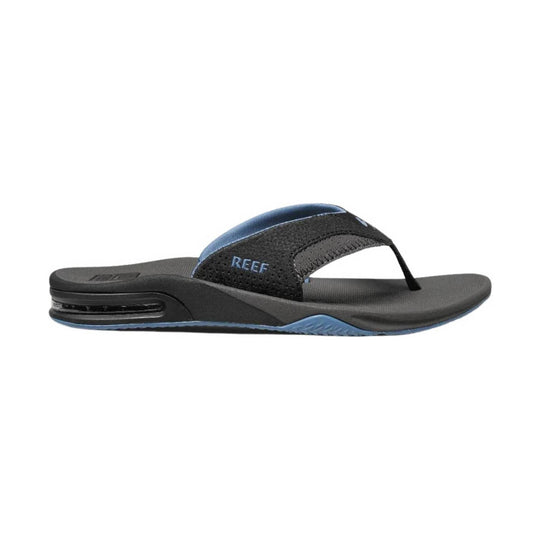 Black and gray flip flop sandal with blue accents and a visible air-cushion heel