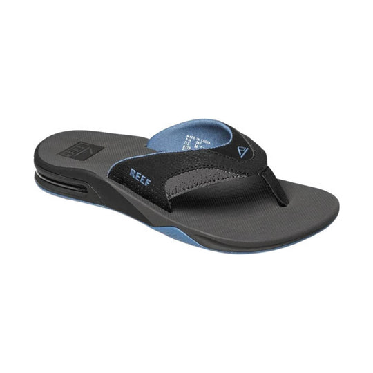 Black and gray flip-flop sandal with blue accents and a built-in heel air cushion