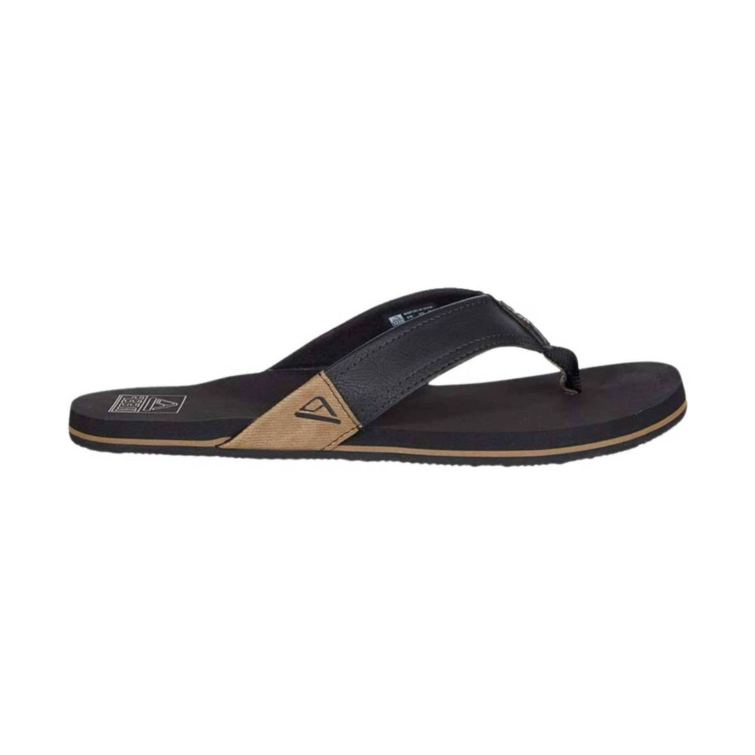 Black and tan thong sandal with a textured strap and flat sole