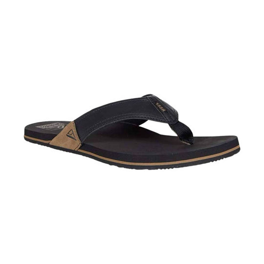 Black thong sandal with tan side accents and textured footbed