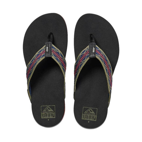 Black thong sandals with multicolor woven straps and visible REEF logos on the footbeds