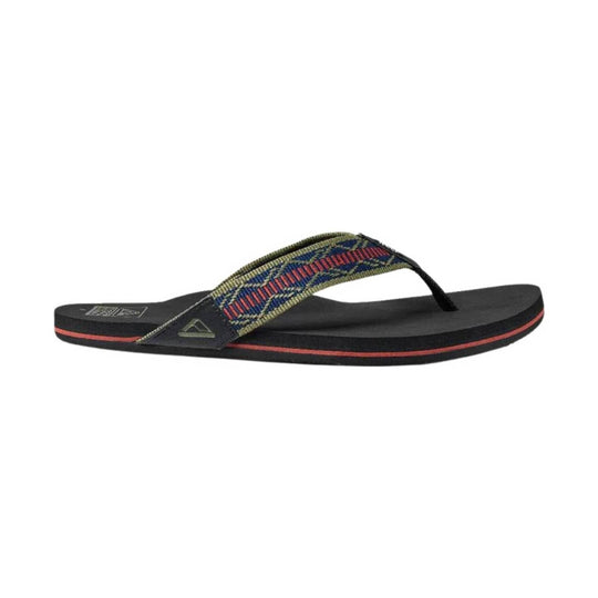 Black thong sandal with multicolor woven strap and red stripe on the sole