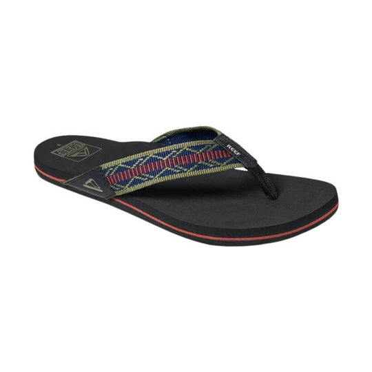 Black thong sandal with woven multicolor strap and red outsole accent