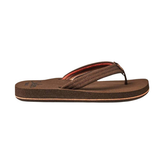 Brown flip-flop sandal with padded straps and a thick wedge sole