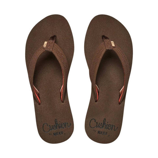 Brown thong flip flops with stitched straps and embroidered script on the footbeds