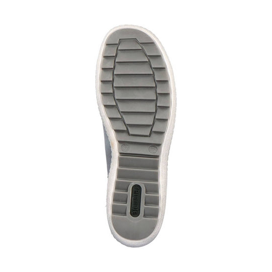 Gray shoe outsole with ribbed tread and remonte logo