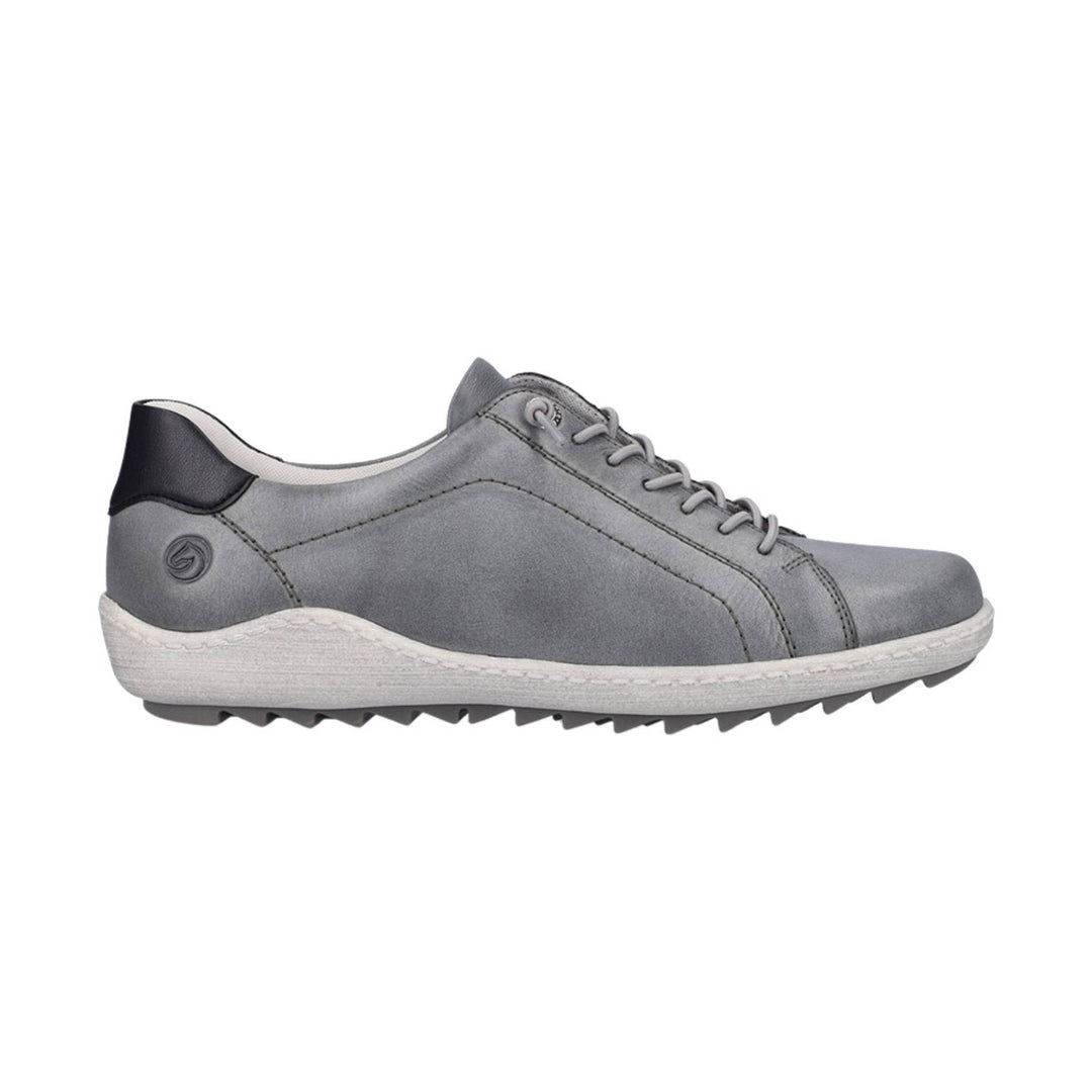 Gray lace-up sneaker with black heel tab, white midsole, and rugged treaded outsole