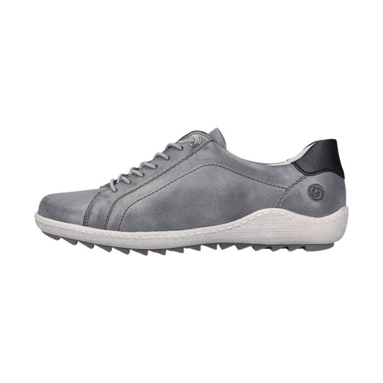 Gray lace-up sneaker with white midsole, black heel tab, and rugged tread
