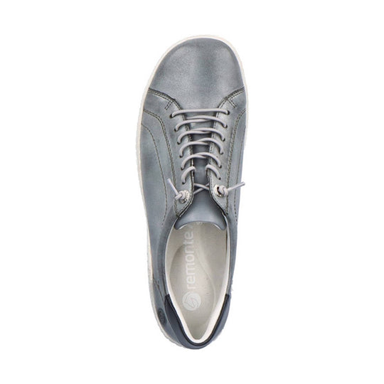 Gray lace-up sneaker with a rounded toe, low profile, and visible Remonte branding on the insole