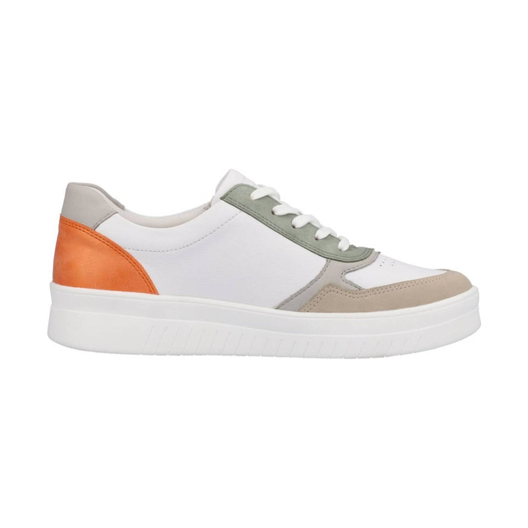 White low-top sneaker with sage green, beige, and orange suede panels and white laces