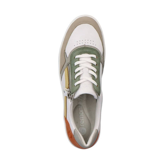 White low-top sneaker with sage green panels, beige trim, side zipper, and white laces