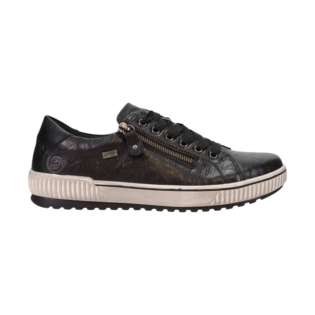 Black low-top lace-up sneaker with side zipper, textured leather, and white platform sole