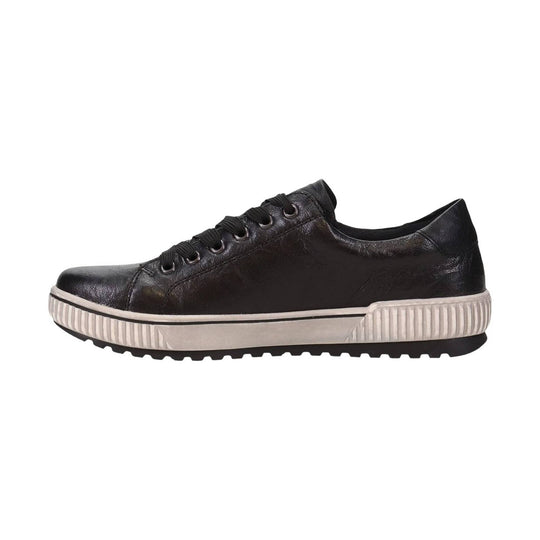 Black leather lace-up sneaker with white platform sole and ribbed heel and toe accents