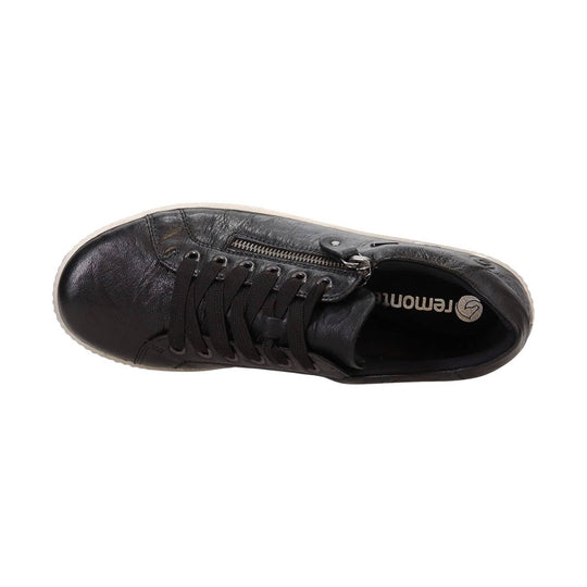Black leather lace-up sneaker with a side zipper and white sole, shown from above