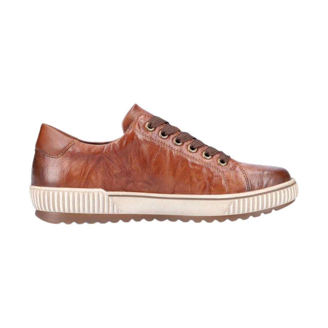 Brown leather low-top lace-up sneaker with cream sole and ribbed outsole