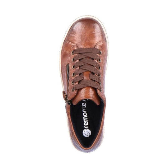 Brown leather low-top sneaker with brown laces, side zipper, and white sole