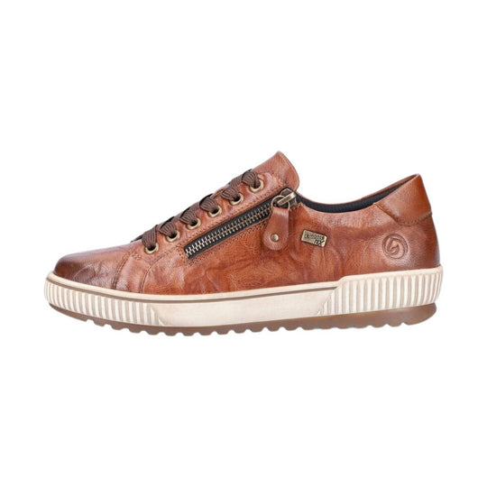 Brown leather lace-up sneaker with side zipper, cream sole, and stitched panel details
