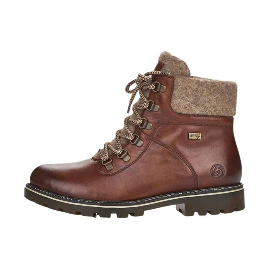 Brown leather lace-up ankle boot with wool cuff and lug sole