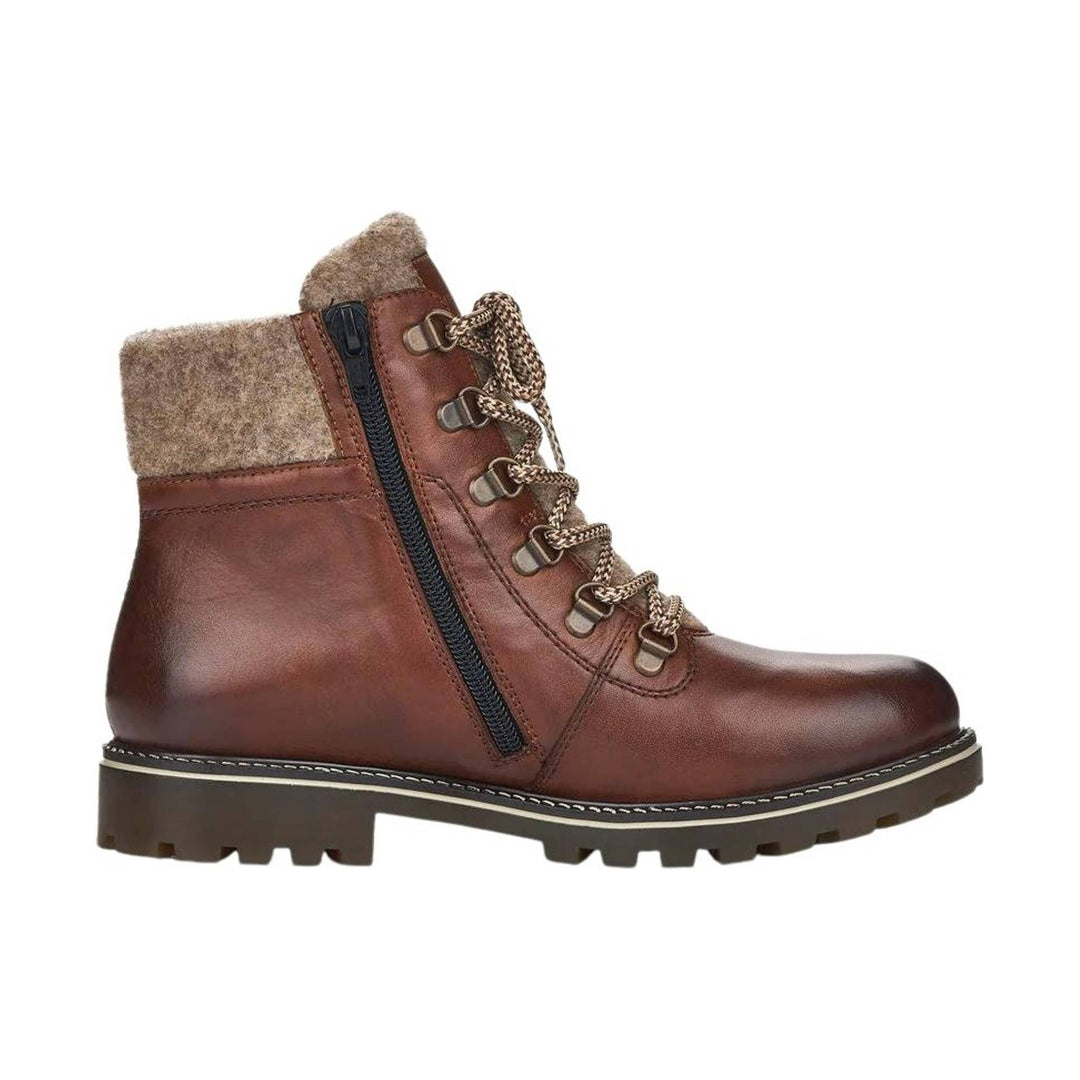 Brown leather ankle boot with wool collar, side zipper, and lug sole