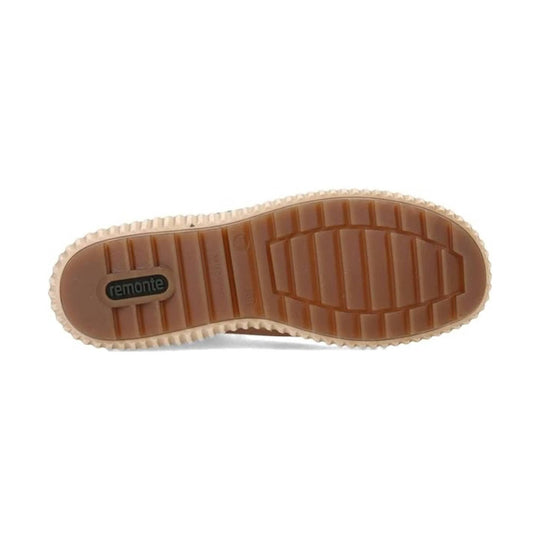 Tan rubber boot sole with chunky tread and a remonte logo at the heel.