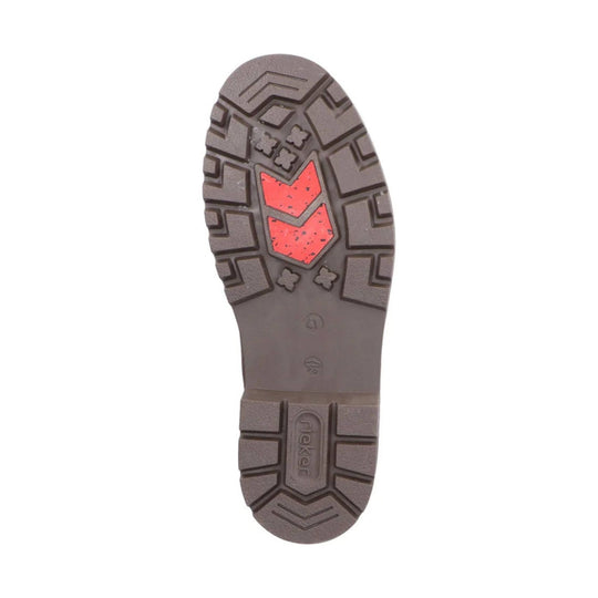Boot outsole with rugged gray tread and a red traction insert, showing Rieker branding