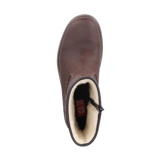 Brown ankle boot with cream faux-fur lining and side zipper
