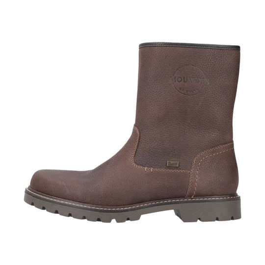 Brown pull-on winter boot with a lug sole and embossed logo on the shaft