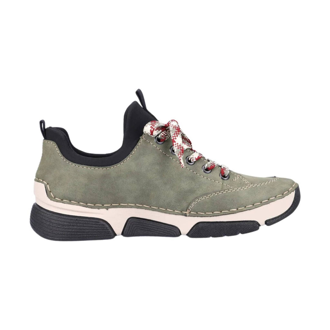 Olive green lace-up sneaker with black collar, red-and-white patterned laces, and thick black-and-white sole