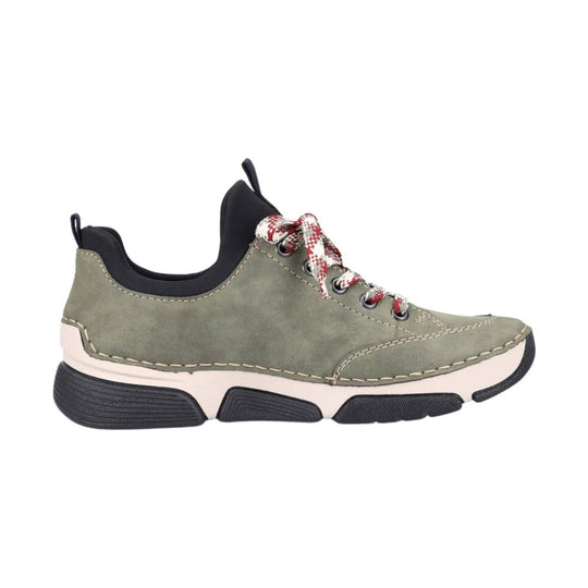 Olive green lace-up sneaker with black collar, red-and-white patterned laces, and thick black-and-white sole