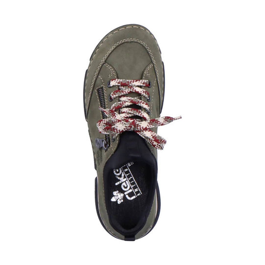 Olive green lace-up shoe with red-and-white laces and black interior, shown from above