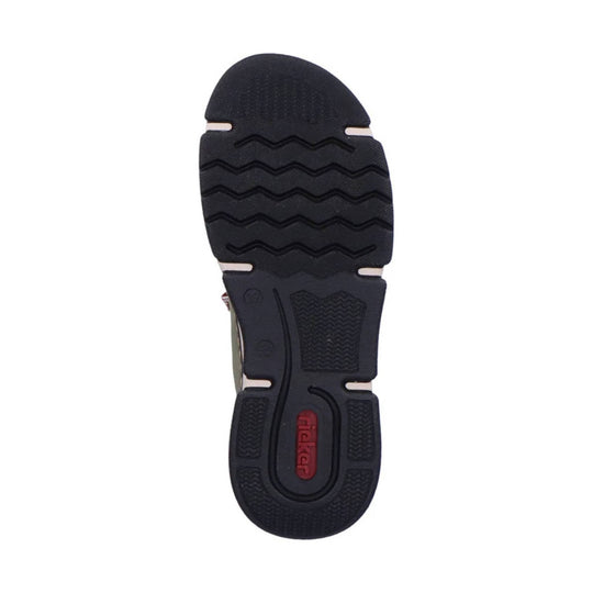 Black shoe outsole with zigzag tread and red Rieker logo