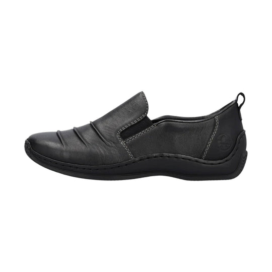 Black slip-on shoe with stitched upper, side elastic panel, and loop pull tab