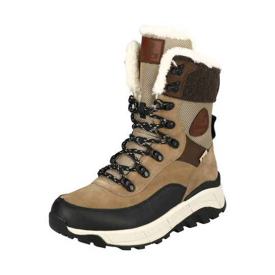 Tan and brown winter hiking boot with white faux-fur lining, black laces, and a rugged black-and-cream sole