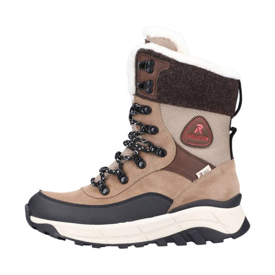 Beige and brown insulated lace-up winter boot with black rubber toe cap and white sole, side view