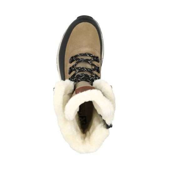 Tan lace-up winter boot with black toe cap and cream faux fur lining, top view