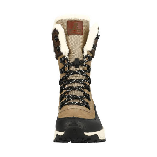 Tan winter hiking boot with white faux-fur lining, black laces, and black rubber toe cap