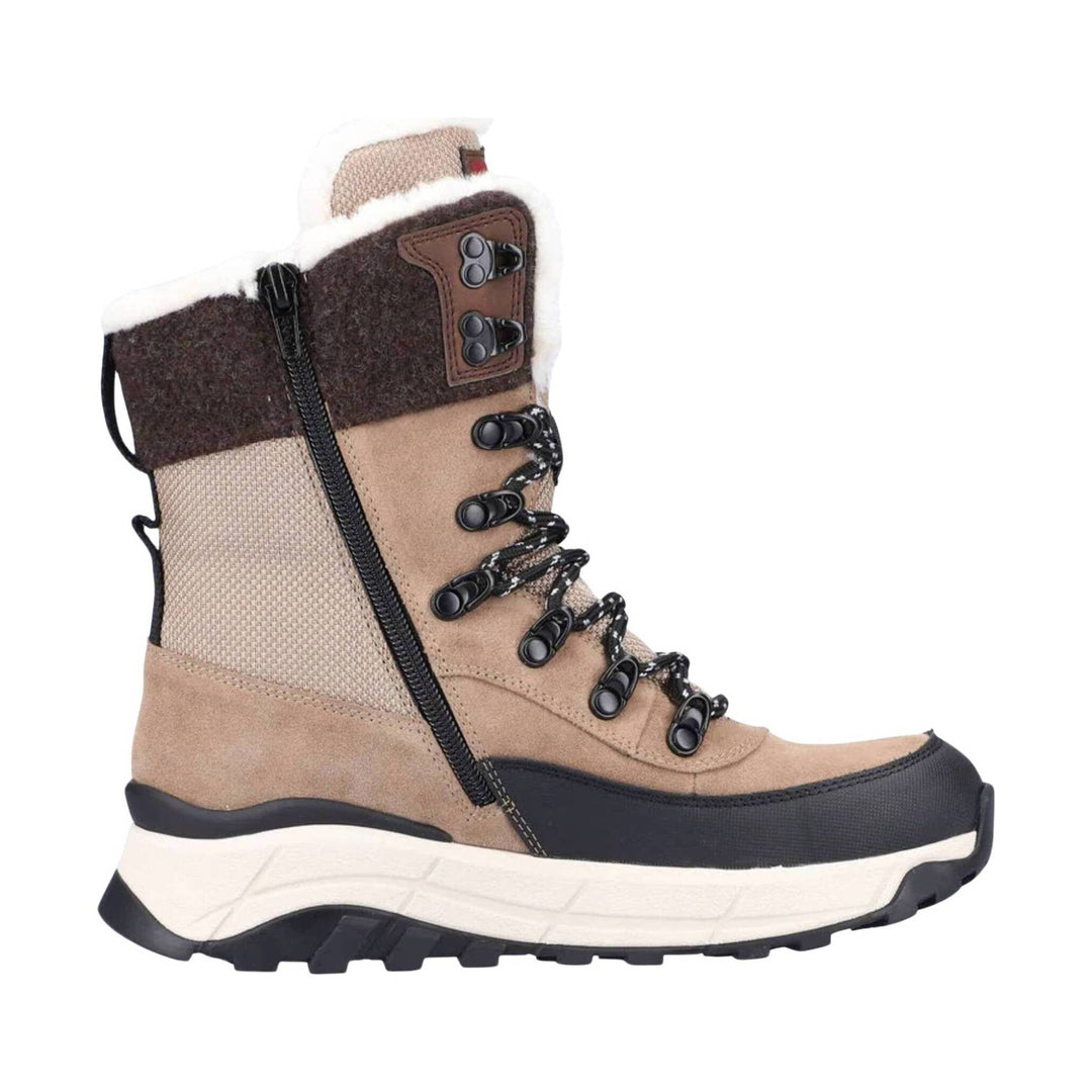 Beige and brown winter boot with fleece trim, side zipper, bungee laces, and thick lug sole