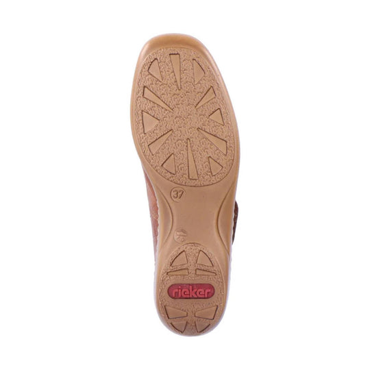 Tan shoe sole with textured tread and red Rieker logo