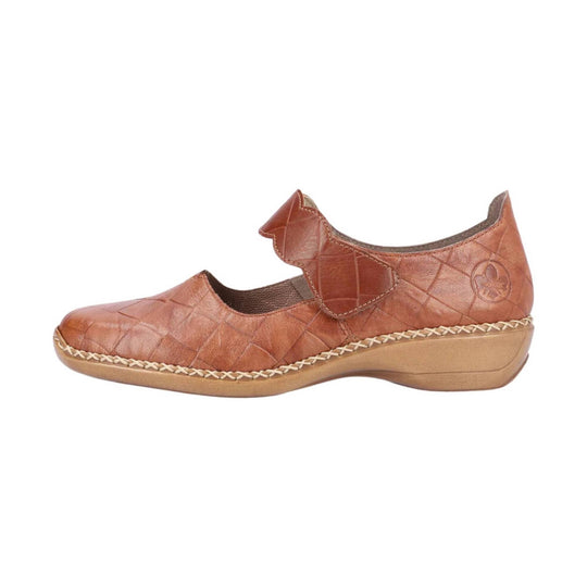 Brown leather Mary Jane flat with a cutout strap and woven beige sole