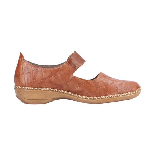 Brown leather closed-toe mary jane shoe with side cutout, woven trim, and low wedge heel