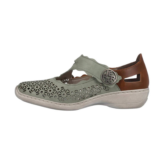 Closed-toe Mary Jane shoe with floral cutouts, a gray strap, brown heel, and white wedge sole