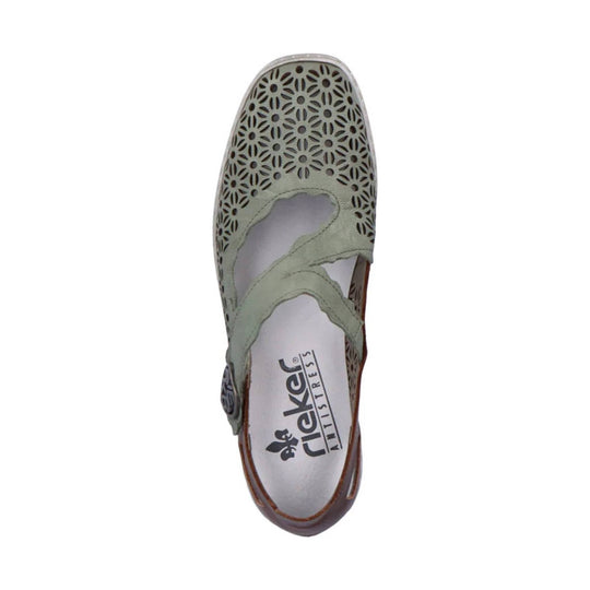 Sage green closed-toe slingback shoe with floral cutouts and a brown trim
