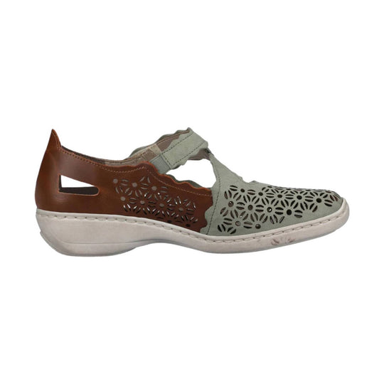Two-tone closed-toe sandal with floral cutout upper and white wedge sole